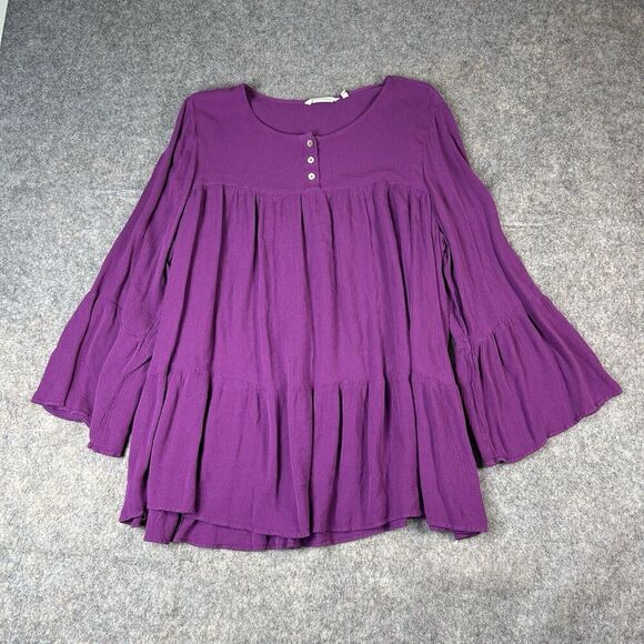 Soft Surroundings Tunic Top Womens 1X Bell Sleeve Tiered Flowy Purple Blouse - Picture 1 of 8